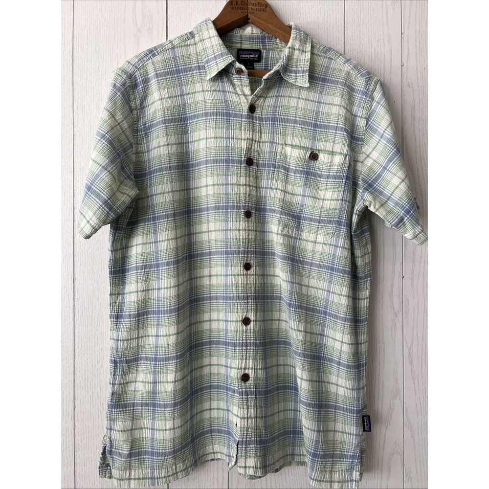 Patagonia A/C Shirt Men M Green Blue Plaid Organic Cotton Short Sleeve Button Up